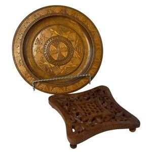 Vintage 1970 Hand Carved Wooden Wall Plate Bohemian Rustic Mandala Trivet Decor